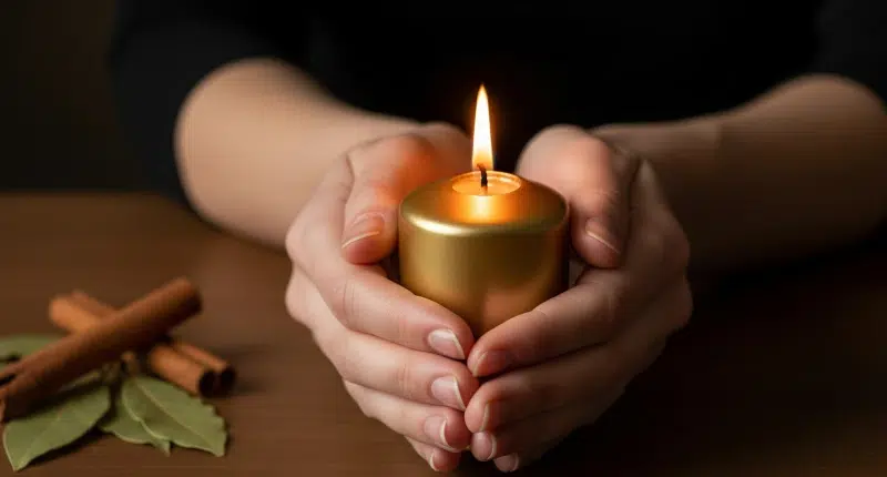 Descubra as 5 chaves da verdadeira prosperidade 2 Mãos segurando vela dourada acesa para um ritual focado na prosperidade cigana.