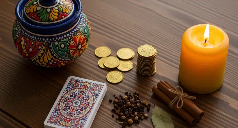 Descubra as 5 chaves da verdadeira prosperidade 3 Mesa com elementos de rituais ciganos para atrair fartura, incluindo pote, moedas e ervas.
