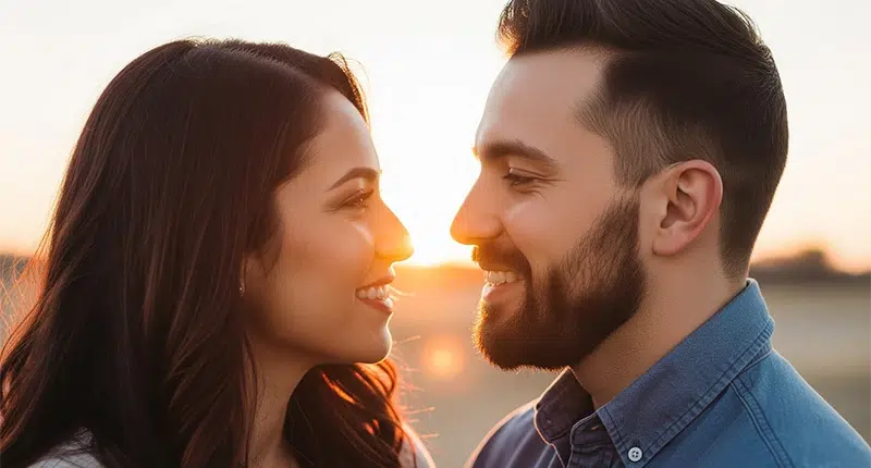 Casal se olhando com carinho e cumplicidade, representando um amor correspondido e feliz.