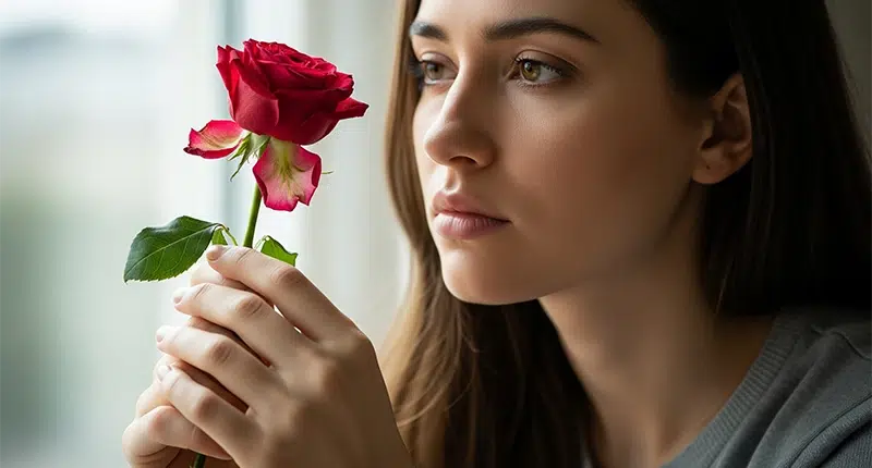Mulher com olhar melancólico segurando uma flor murcha, simbolizando a dor do amor não correspondido.