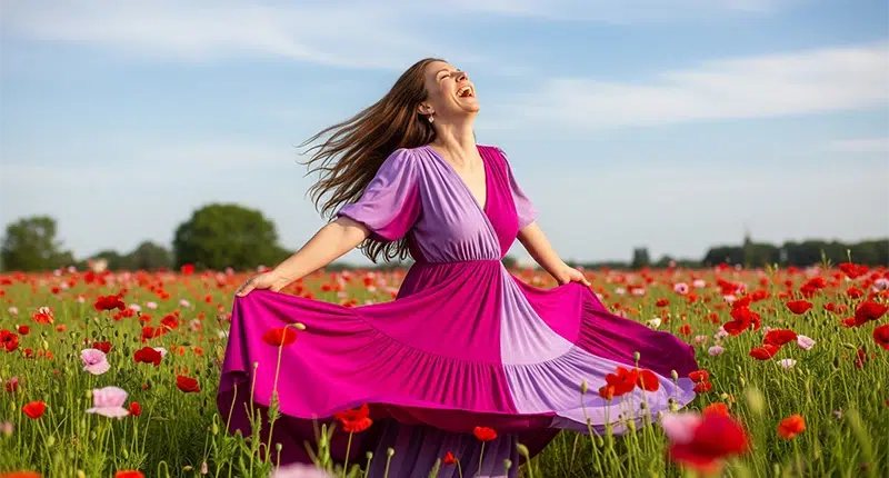 Mulher feliz e confiante em um campo florido, celebrando o amor próprio.