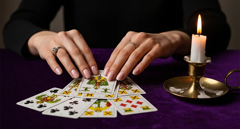 Sente demais? 5 sinais de que sua mediunidade está despertando 2 Mãos espalhando cartas do Baralho Cigano para entender a **mediunidade**.