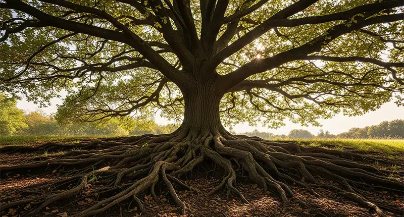 Sente demais? 5 sinais de que sua mediunidade está despertando 3 Árvore forte com raízes profundas, simbolizando o desenvolvimento pessoal e espiritual seguro.