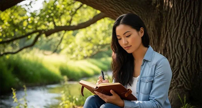 Sente demais? 5 sinais de que sua mediunidade está despertando 4 Mulher escrevendo em um diário na natureza, praticando o autoconhecimento para desenvolver sua sensibilidade.