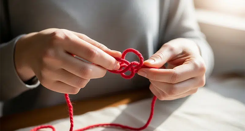 Mãos tentando desembaraçar um fio vermelho emaranhado, simbolizando a quebra de padrões revelada pelo **baralho cigano amor**.