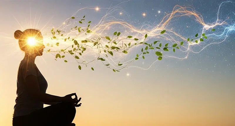 Silhueta meditando com halo de luz e elementos naturais, simbolizando a harmonia entre a mente e o espírito para a saúde mental e espiritualidade.