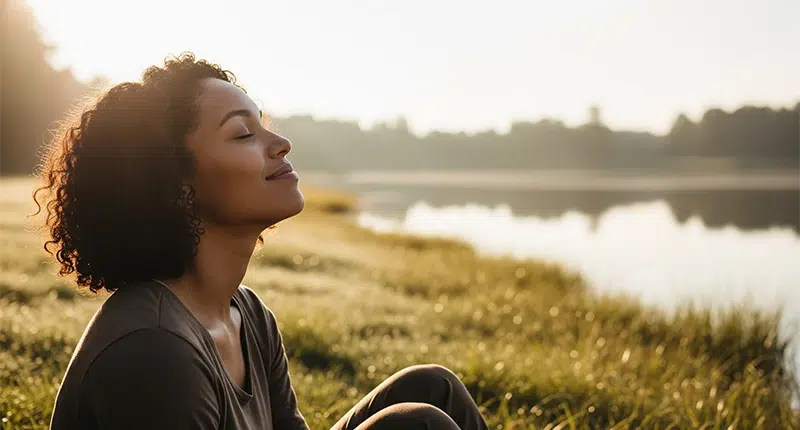 Mulher em paz na natureza, sentindo os benefícios da cura integral para a saúde mental e espiritual.