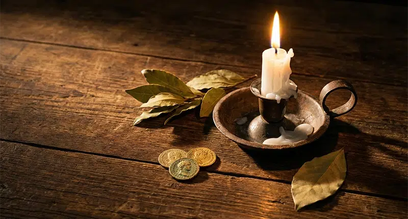 Vela branca acesa, folhas de louro e moedas douradas sobre mesa de madeira, representando o ritual de prosperidade cigana.