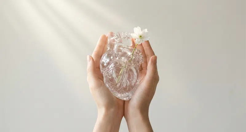 Mãos segurando um coração de cristal com uma flor nascendo dentro, representando a cura do apego emocional.