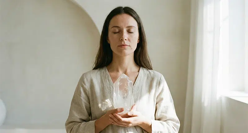 Mulher em estado de meditação segurando cristal, representando o alinhamento dos pensamentos antes da prática espiritual.
