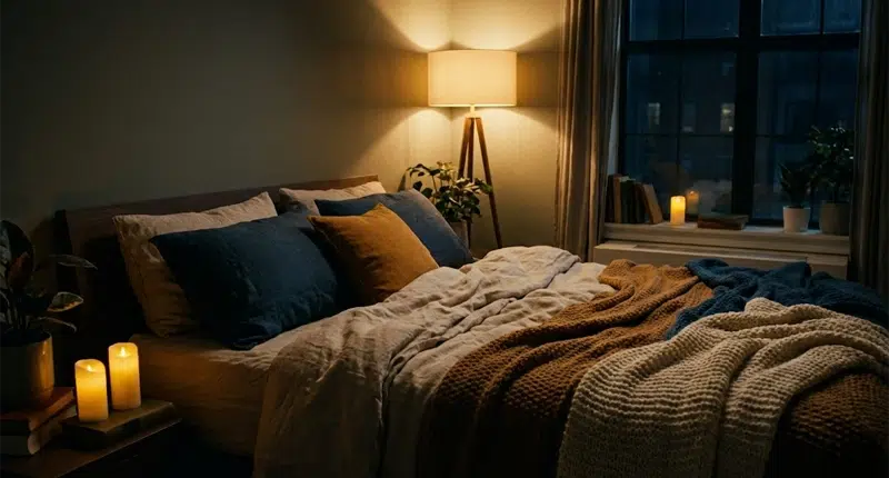 Quarto aconchegante com iluminação suave, preparado para o ritual de sono e proteção energética.