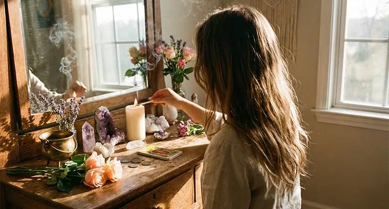 Mulher acendendo vela em altar doméstico com flores e cristais, simbolizando a espiritualidade no dia a dia.