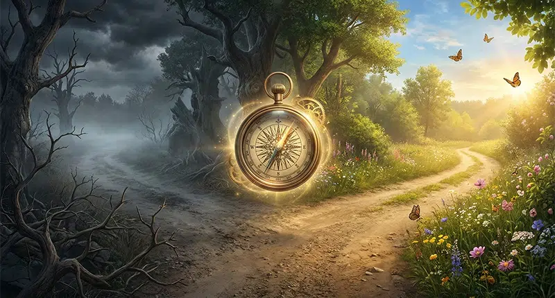 Encruzilhada mostrando um caminho escuro e outro iluminado, simbolizando a escolha entre viver com demanda ou buscar a cura espiritual.