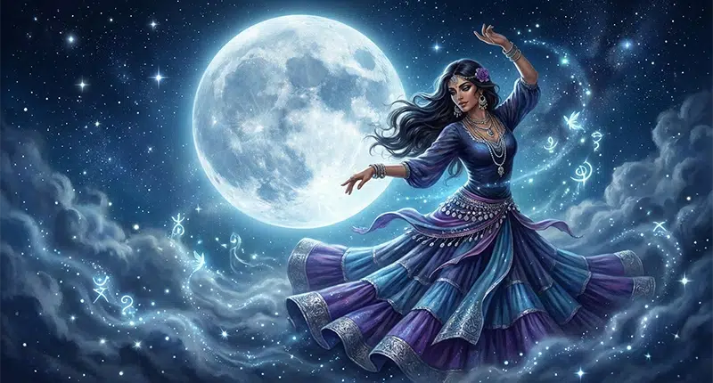 Mulher cigana dançando sob a luz da lua cheia, simbolizando a conexão com os ciclos da vida e a ancestralidade.