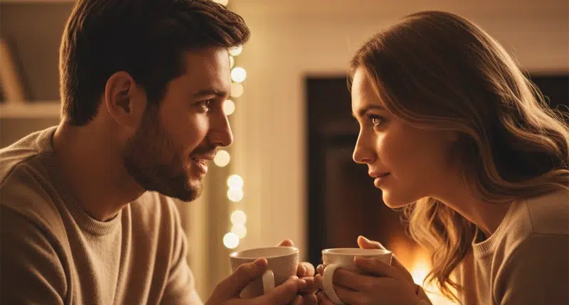 Casal conversando com atenção e carinho, representando a importância do diálogo no relacionamento.