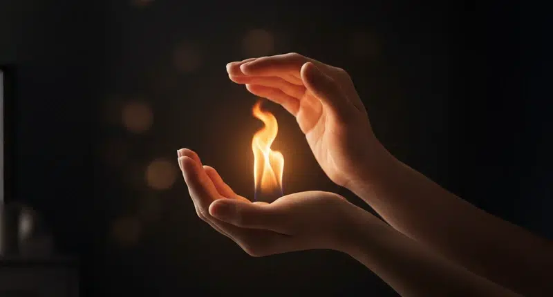 Mãos segurando uma luz, simbolizando a proteção espiritual e o respeito à própria vida.