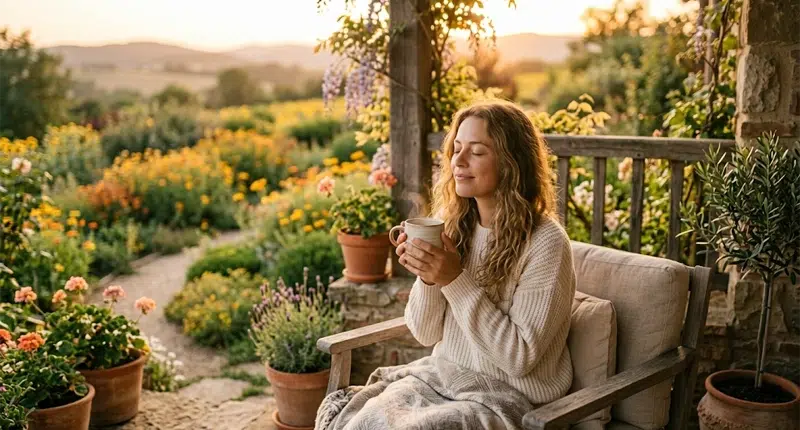 Mulher aproveitando um momento de paz com chá, representando o bem-estar como parte da riqueza.