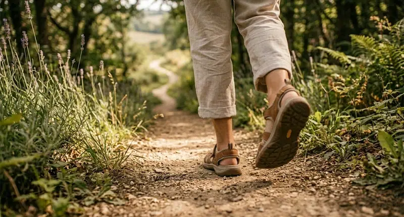 Pés caminhando em uma trilha, simbolizando a jornada pessoal da prosperidade passo a passo.