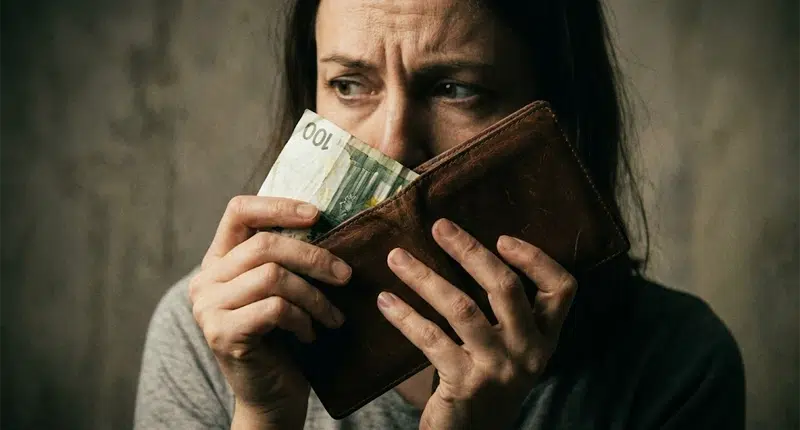 5 sinais de que você sofre com o medo de ganhar dinheiro 1 Mulher olhando para dinheiro com hesitação, representando o bloqueio financeiro inconsciente.