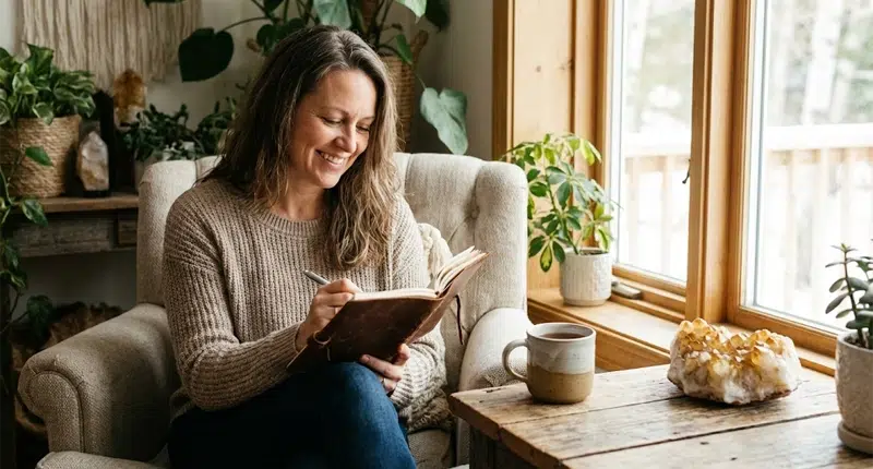 5 sinais de que você sofre com o medo de ganhar dinheiro 3 Mulher escrevendo afirmações positivas em um diário para reprogramar crenças limitantes sobre dinheiro.