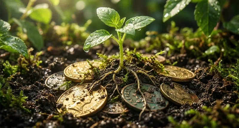 5 sinais de que você sofre com o medo de ganhar dinheiro 4 Planta brotando em meio a moedas, simbolizando a prosperidade que cresce com base sólida.