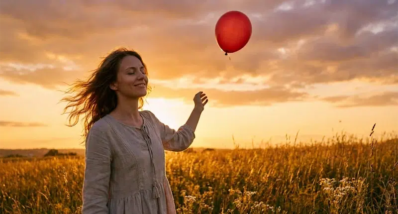 Mulher soltando um balão, simbolizando o desapego de um amor que não flui.