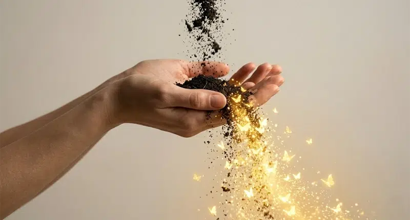 Mão soltando areia que vira luz, simbolizando a limpeza da energia de escassez.