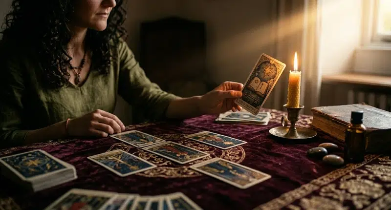 Cartas de baralho sendo reveladas à luz de velas, mostrando a verdade sobre os padrões amorosos.