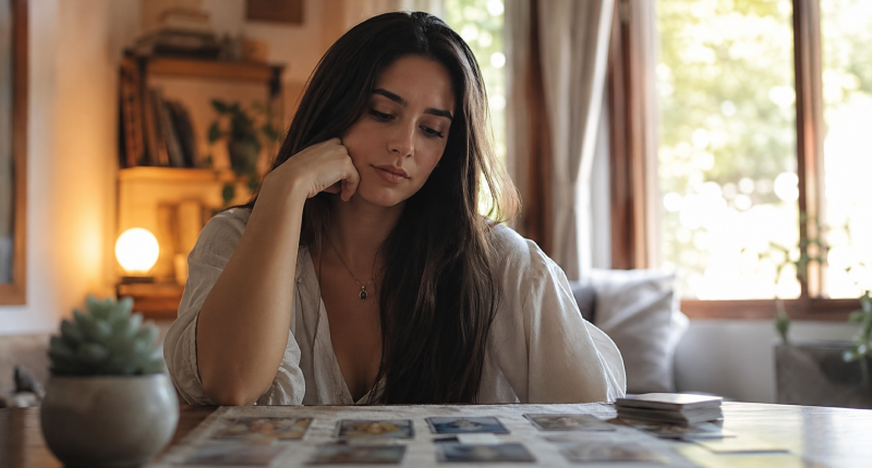 Mulher pensativa com baralho de cartas sobre a mesa, representando o dilema de amar alguém que não compartilha da mesma espiritualidade.