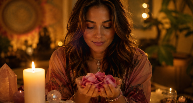 Mulher segurando pétalas de rosa com vela acesa ao fundo, simbolizando a atração de um amor que honra a espiritualidade.