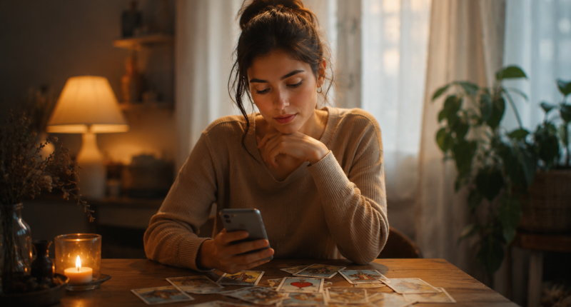 Mulher com celular e cartas de baralho sobre a mesa, representando a busca por clareza em um relacionamento à distância.