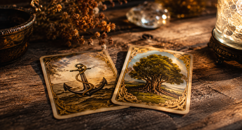 Duas cartas do baralho Lenormand sobre mesa de madeira com luz quente, simbolizando os sinais de alerta que as cartas revelam em relacionamentos à distância.