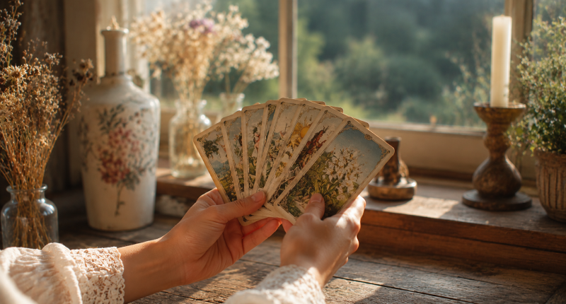 Mãos segurando cartas de baralho em leque com luz entrando pela janela ao fundo, representando a clareza que as cartas trazem sobre o futuro do relacionamento.