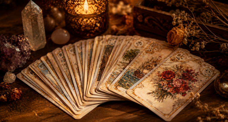 Baralho de cartas aberto em leque sobre mesa de madeira com cristal e vela ao fundo, representando os significados das 36 cartas do baralho Lenormand.