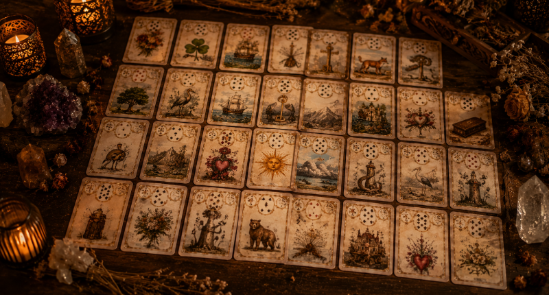 As 36 cartas do baralho Lenormand e o que cada uma representa 1 Trinta e seis cartas do baralho Lenormand espalhadas sobre mesa de madeira, representando a completude e diversidade do baralho.