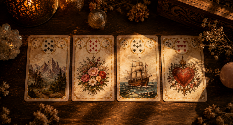 As 36 cartas do baralho Lenormand e o que cada uma representa 2 Quatro cartas do baralho Lenormand organizadas em fileira sobre mesa de madeira, ilustrando os diferentes grupos temáticos do baralho.