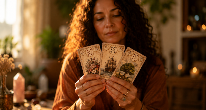 As 36 cartas do baralho Lenormand e o que cada uma representa 3 Mãos de mulher segurando três cartas do baralho Lenormand em leque, simbolizando a leitura e interpretação das cartas mais frequentes.