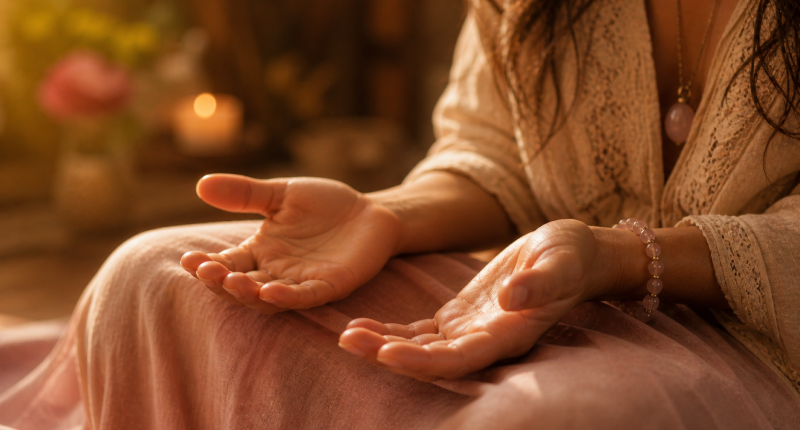 Como separar a intuição do pensamento ansioso em 4 passos 2 Mãos abertas e relaxadas sobre o colo, representando a conexão com o corpo como ferramenta para distinguir intuição de ansiedade.