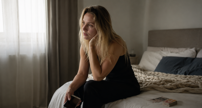 Mulher loira sentada na beira da cama com celular na mão e baralho de cartas ao lado, representando os sinais de que o campo emocional ainda não está pronto para um novo amor.