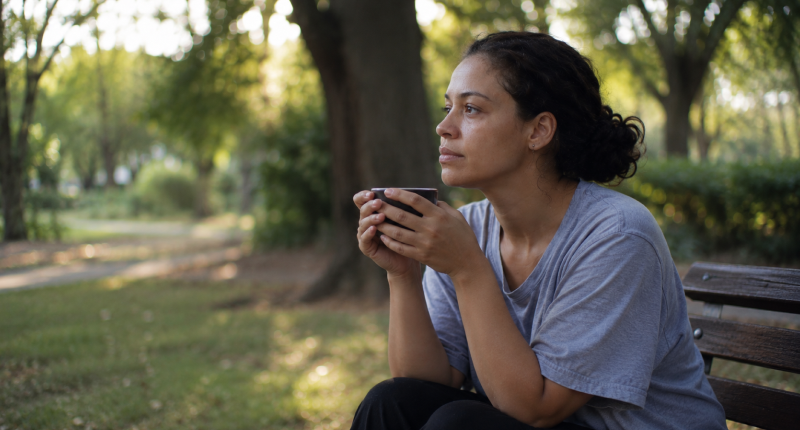 3 sinais de que você está em burnout espiritual e o que fazer 3 Mulher sentada em banco de parque com xícara de café olhando para as árvores com expressão levemente mais leve, representando a pausa genuína como caminho de saída do burnout espiritual.