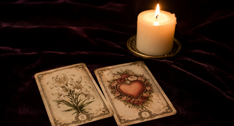 Duas cartas do baralho Lenormand sobre veludo escuro com vela branca ao fundo, representando a leitura que diferencia ciúme de intuição no campo amoroso.