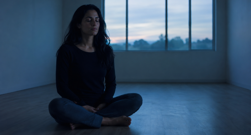 Mulher sentada no chão com olhos fechados em silêncio ao amanhecer, representando a prática diária de silêncio intencional para desenvolver a intuição.