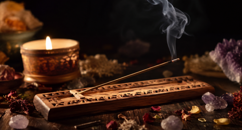 Incenso aceso em porta-incenso artesanal com fumaça em espiral, cristais e vela ao fundo, representando o uso ritual e intencional do incenso na tradição espiritual ancestral.