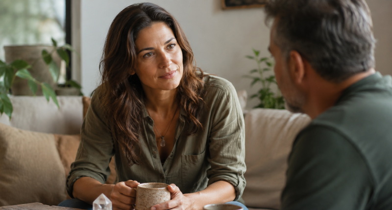 Mulher de blusa verde-oliva em conversa atenta com homem ao lado, expressão de escuta profunda e avaliação genuína, representando a observação dos indicadores de compatibilidade espiritual em um relacionamento.