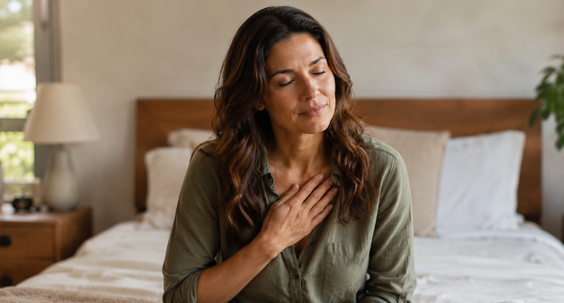Mulher com mão no peito e olhos semicerrados sentada na beira da cama, representando a escuta do próprio corpo como termômetro para avaliar a compatibilidade espiritual de um relacionamento.