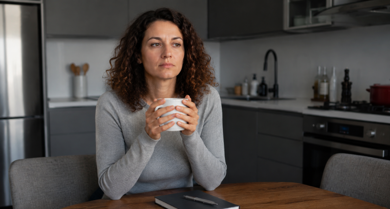 Mulher de blusa cinza com xícara de café nas mãos e caderno fechado à frente, expressão pensativa e distante, representando o momento em que crenças limitantes sobre dinheiro passam despercebidas no cotidiano.