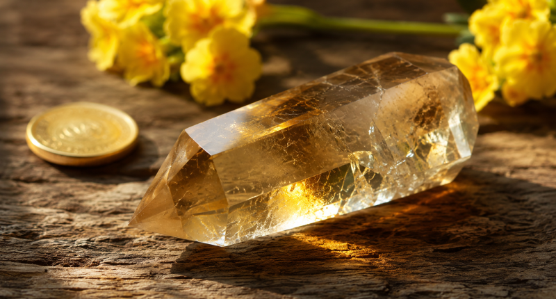 Cristal citrino em ponta com reflexos dourados sobre madeira rústica, flores amarelas e moeda ao fundo, representando a frequência de abundância e prosperidade do citrino.