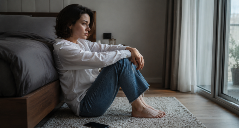 3 erros que afastam o amor verdadeiro sem você perceber 1 Mulher de camisa branca sentada no chão com celular virado para baixo, aguardando mensagem que não chega, representando o padrão de busca de validação externa no campo amoroso.
