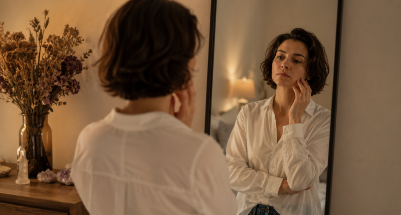 3 erros que afastam o amor verdadeiro sem você perceber 2 Mulher tocando o próprio rosto ao se olhar no espelho com expressão avaliativa, representando o processo honesto de autoconhecimento para transformar os padrões que afastam o amor.