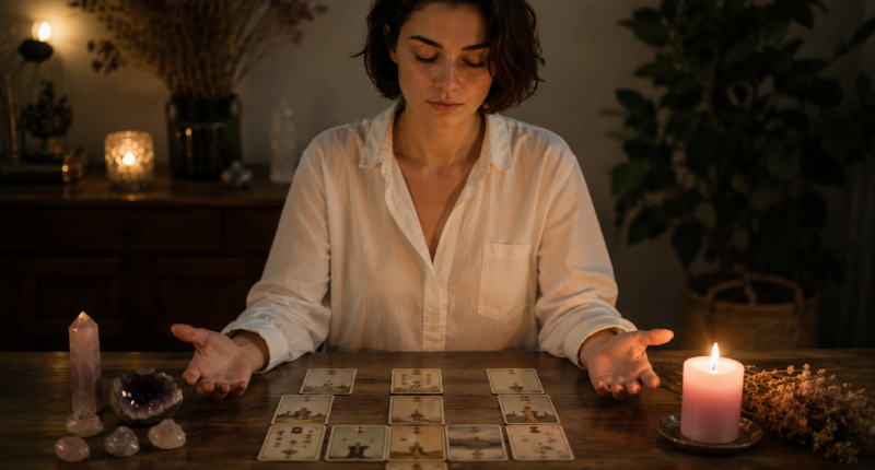 3 erros que afastam o amor verdadeiro sem você perceber 3 Mulher de olhos fechados com mãos abertas sobre mesa com baralho de cartas e vela rosa acesa, representando a abertura intencional para transformar os padrões que bloqueiam o amor verdadeiro.